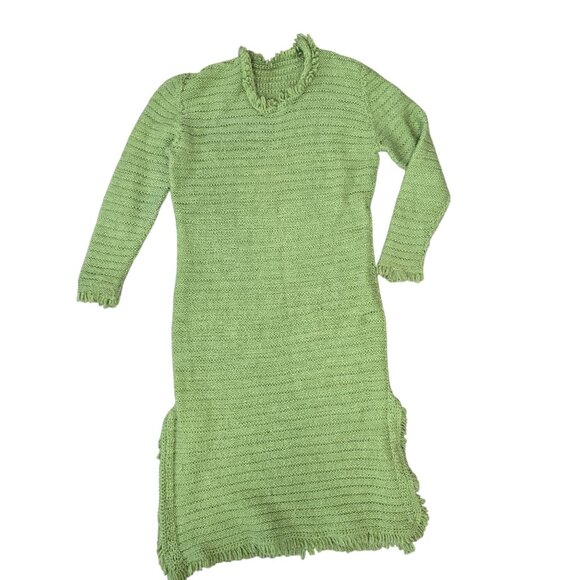 Hand-Knitted Green Fringe Long Dress With Ruffled Collar & Cuffs - Picture 1 of 7